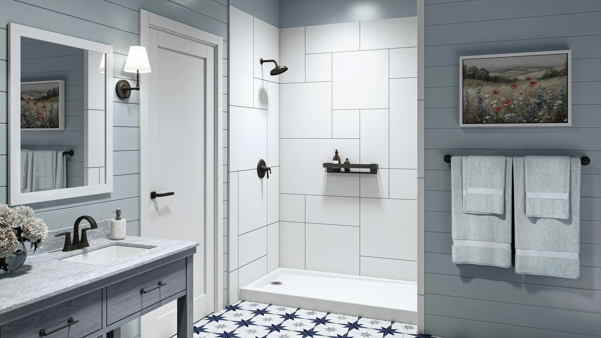 Modern walk-in shower with glass door