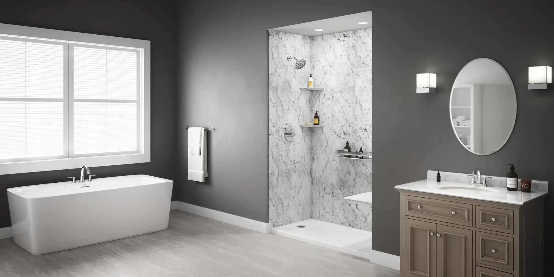 Shower with grab bars and shelving